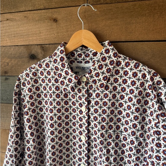 Vintage White Stag Pattern Button Up Shirt Retro Floral Print Blouse - Picture 3 of 10